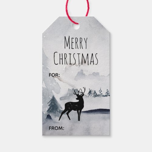 Reindeer in the Wild Gray Watercolor Christmas Gif Gift Tags