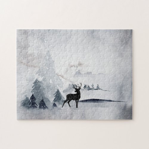 Reindeer in the Wild Gray Watercolor Christmas Jigsaw Puzzle