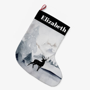 Reindeer in the Wild Gray Watercolor Christmas Large Christmas Stocking