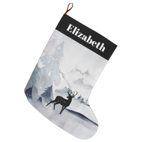 Reindeer in the Wild Gray Watercolor Christmas Large Christmas Stocking