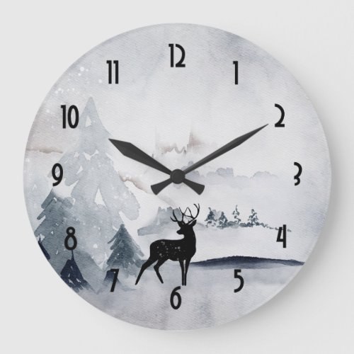 Reindeer in the Wild Gray Watercolor Christmas Large Clock