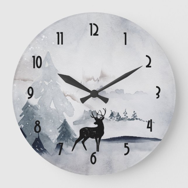 Reindeer in the Wild Gray Watercolor Christmas Large Clock (Front)