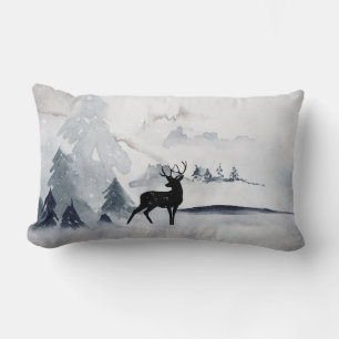 Reindeer in the Wild Gray Watercolor Christmas Lumbar Pillow