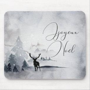 Reindeer in the Wild Gray Watercolor Christmas Mouse Pad