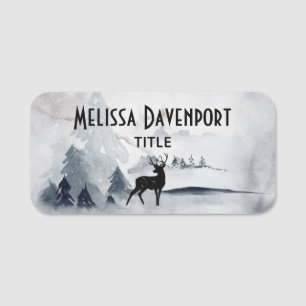 Reindeer in the Wild Gray Watercolor Christmas Name Tag