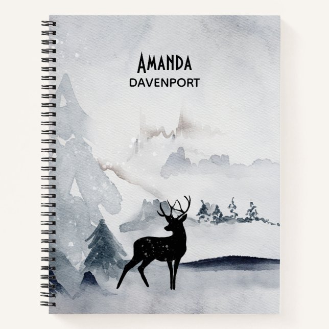 Reindeer in the Wild Gray Watercolor Christmas Notebook (Front)