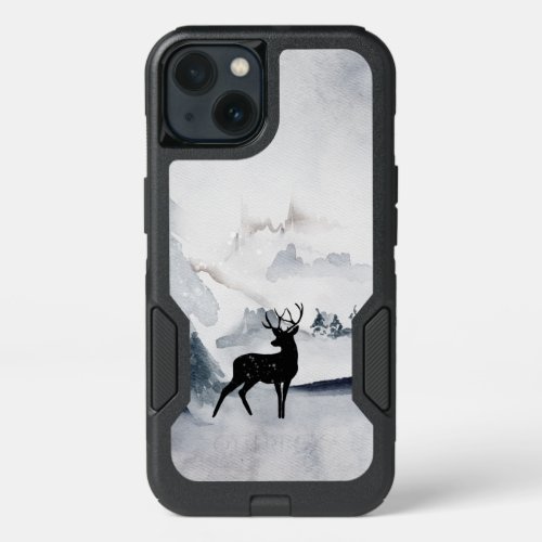 Reindeer in the Wild Gray Watercolor Christmas iPhone 13 Case