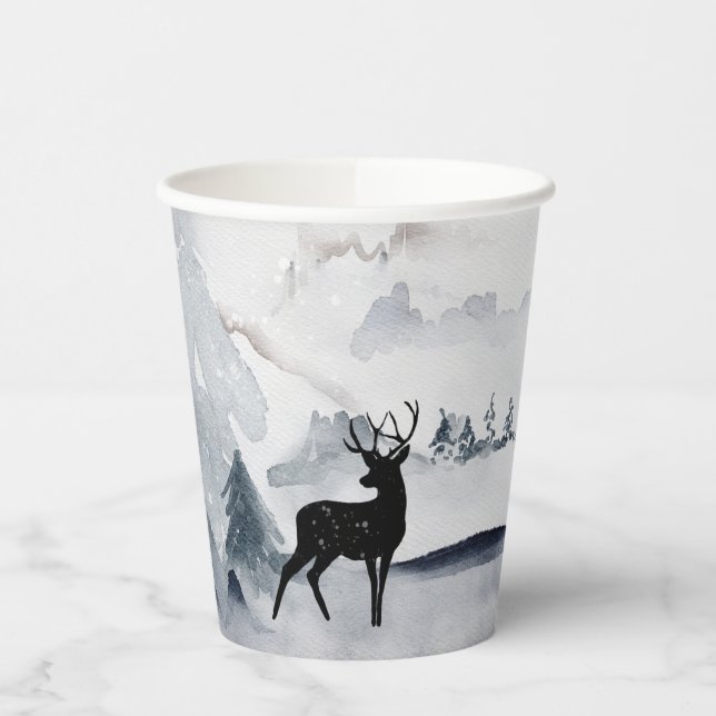  Reindeer in the Wild Gray Watercolor Christmas Paper Cups (Left)