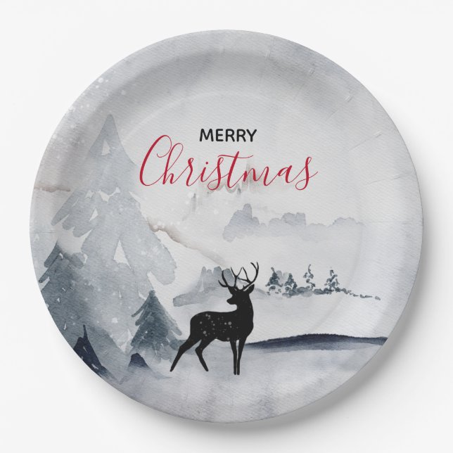 Reindeer in the Wild Gray Watercolor Christmas Paper Plates (Front)