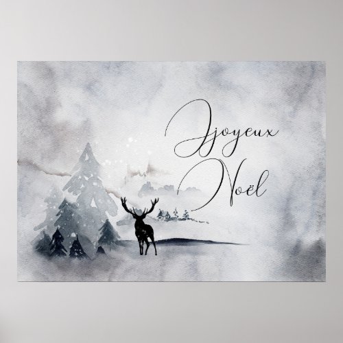 Reindeer in the Wild Gray Watercolor Christmas Poster