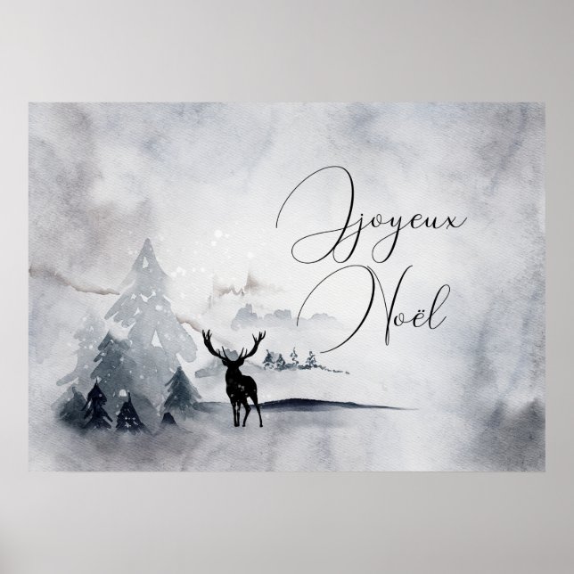 Reindeer in the Wild Gray Watercolor Christmas Poster (Front)