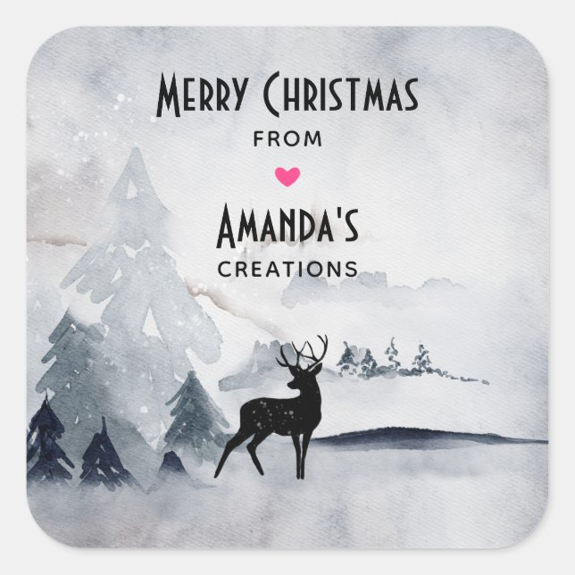 Reindeer in the Wild Gray Watercolor Christmas Square Sticker (Front)