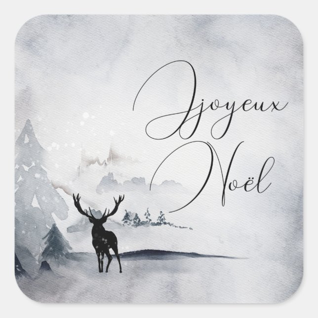 Reindeer in the Wild Gray Watercolor Christmas Square Sticker (Front)