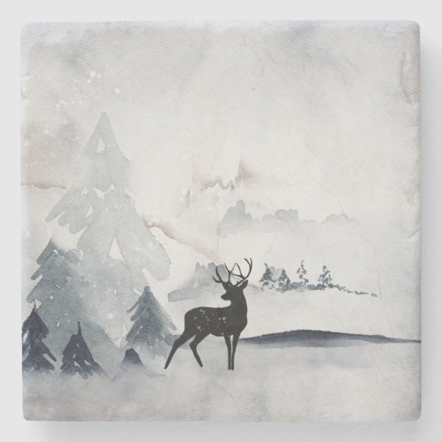 Reindeer in the Wild Gray Watercolor Christmas Stone Coaster (Front)