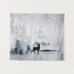 Reindeer in the Wild Gray Watercolor Christmas Tapestry