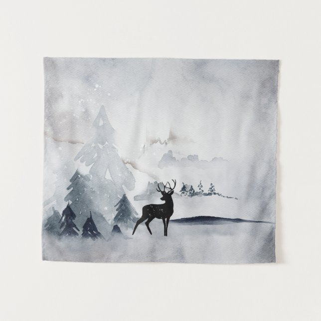 Reindeer in the Wild Gray Watercolor Christmas Tapestry (Front (Horizontal))