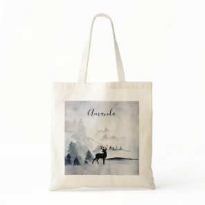 Reindeer in the Wild Gray Watercolor Christmas Tote Bag
