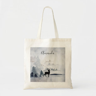 Reindeer in the Wild Gray Watercolor Christmas Tote Bag