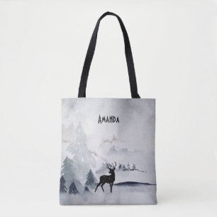 Reindeer in the Wild Gray Watercolor Christmas Tote Bag