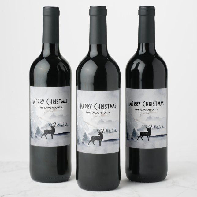Reindeer in the Wild Gray Watercolor Christmas Wine Label (Bottles)