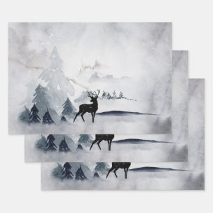 Reindeer in the Wild Gray Watercolor Christmas Wrapping Paper Sheets