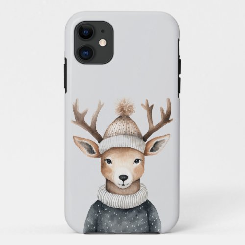 Reindeer in winter beanie and sweater  iPhone 11 case