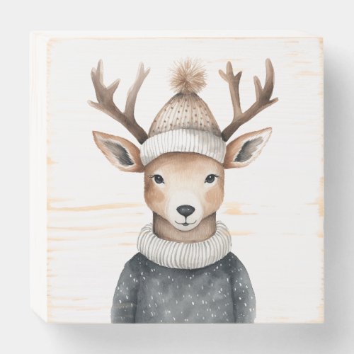 Reindeer in winter beanie and sweater  wooden box sign
