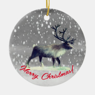 Reindeer in winter day  ceramic ornament