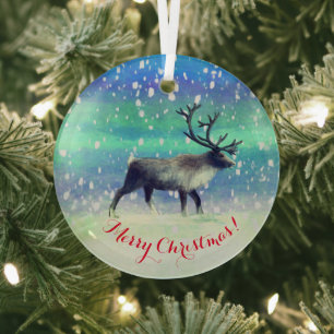 Reindeer in winter day  glass ornament
