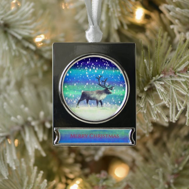 Reindeer in winter day  silver plated banner ornament (Tree)
