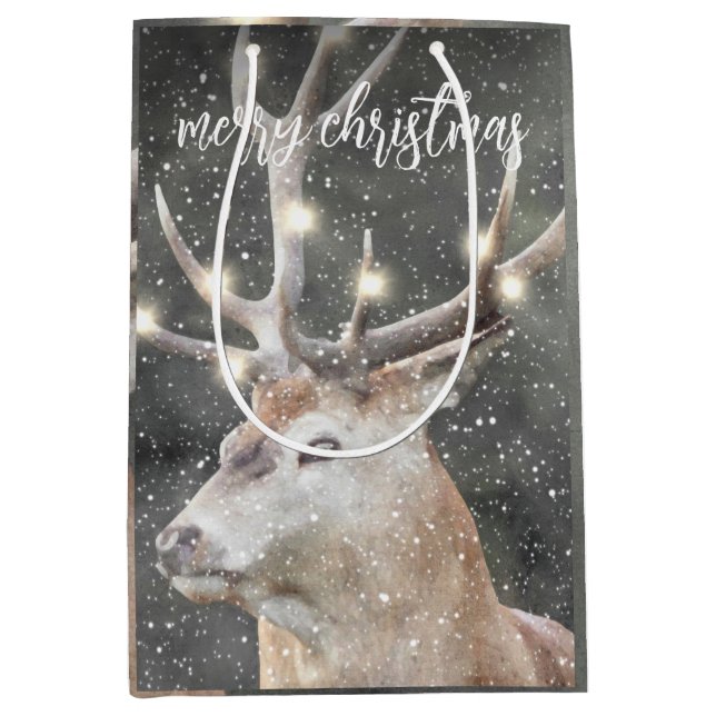 Reindeer In Winter Snow Merry Christmas Medium Gift Bag (Front)