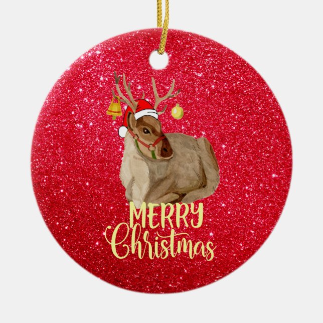 Reindeer Jingle Bell Merry Christmas Tree Ceramic Ornament (Front)