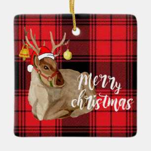 Reindeer Jingle Bell Ornament - Plaid Christmas Tr