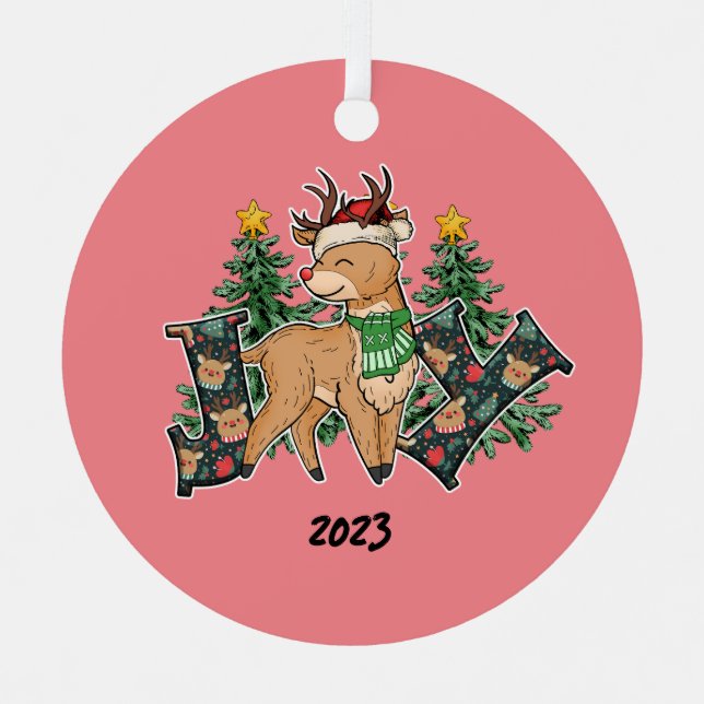 Reindeer Joy Christmas Metal Ornament (Front)