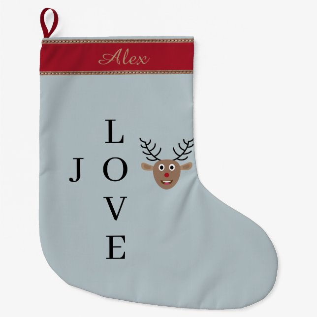 Reindeer Joy Love Light Blue Red Custom Name Large Christmas Stocking (Front)