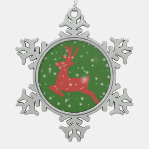 Reindeer Jump Snow Pewter Snowflake Decoration
