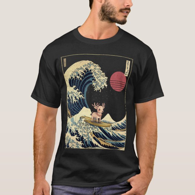 Reindeer Kanagawa Japanese Surfing Wave T-Shirt (Front)