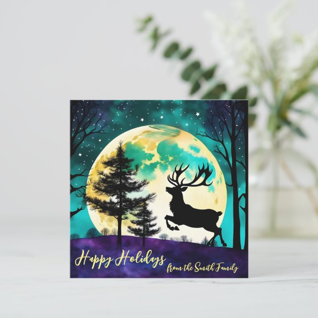 Reindeer Leaping Full moon Holiday*personalize* Holiday Card (Standing Front)