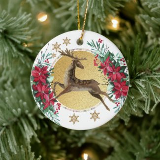 Reindeer Leaping in Poinsettias Ceramic Ornament