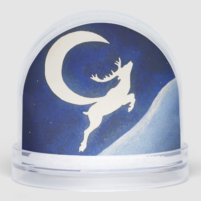 Reindeer Leaping Snowy Moonlit Mountain Snow Globe (Front)