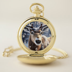 Reindeer Magic: Close-Up of Santas Loyal Companion Pocket Watch
