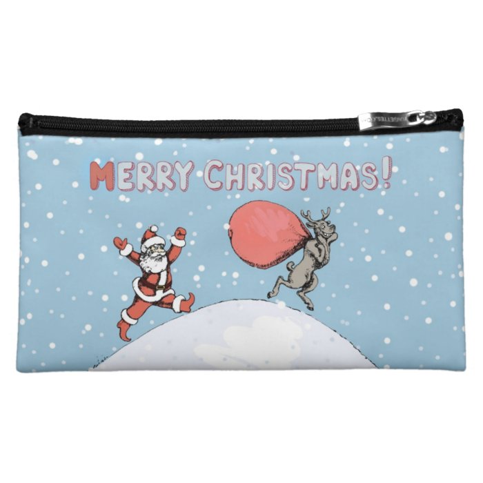 Reindeer  makes jokes with Santa Claus. Cosmetics Bags