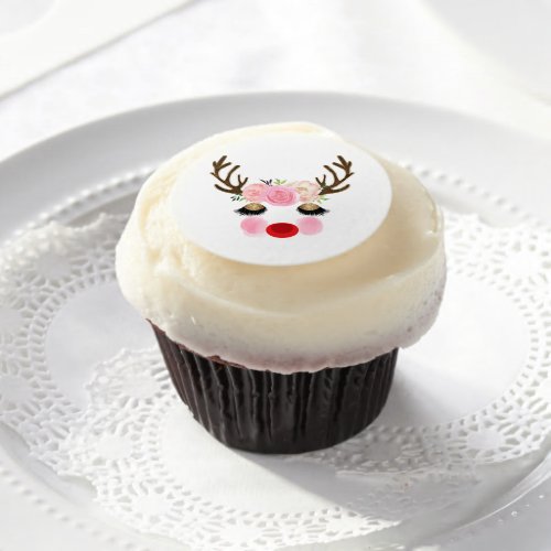 Reindeer Makeup Gold Glitter Eyes Pink Floral Chic Edible Frosting Rounds