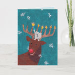 Reindeer Menorah for Christmas and Hannukah Holiday Card<br><div class="desc">A gray squirrel and a good-natured reindeer celebrate Hannukah on a snowy evening. This sweet card is especially made for those of us who observe both Christmas and Hannukah.</div>