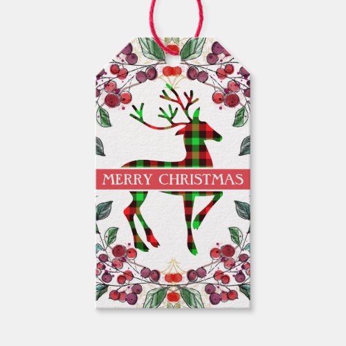 Reindeer Merry Christmas Holly Wreath Gift Tags