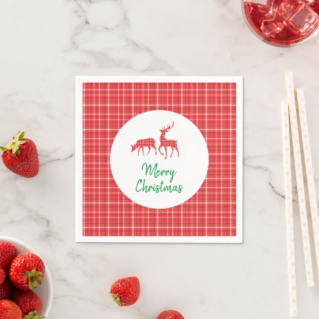 Reindeer Merry Christmas Red White Twill Plaid Napkins (Insitu)