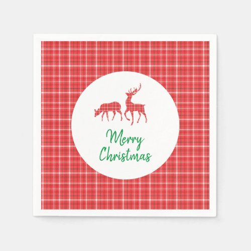 Reindeer Merry Christmas Red White Twill Plaid Napkins