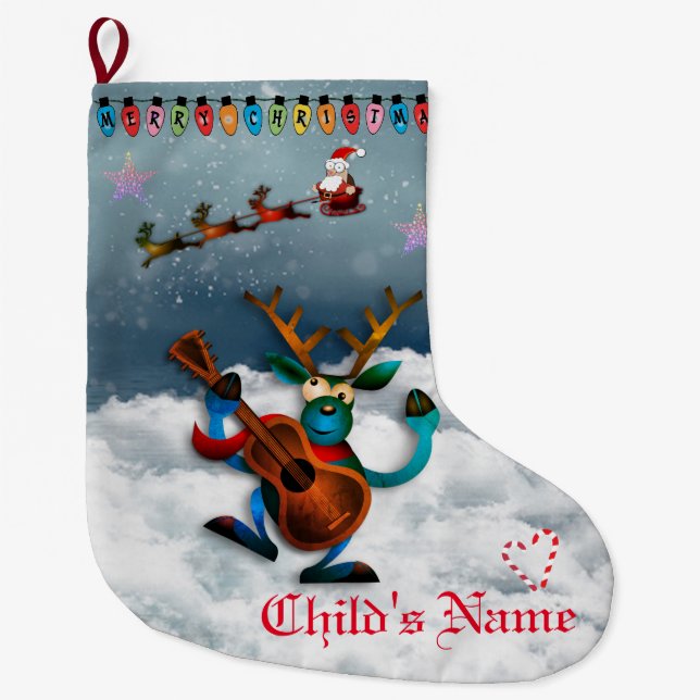 Reindeer - Merry Christmas  Santa Sleigh Large Christmas Stocking (Front)