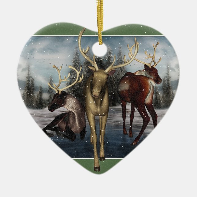 Reindeer Merry Yule Personalized Heart Ornament (Front)