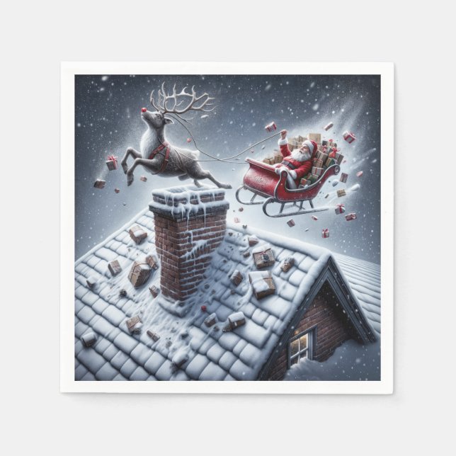 Reindeer Mishap On a Snowy Roof Napkins (Front)